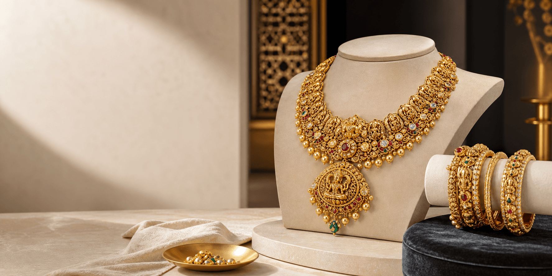 Gold bridal necklace and bangles displayed in a modern boutique setting